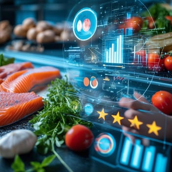 a person analyzing data charts and graphs alongside a variety of fresh foods