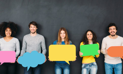 5 people holding empty signs and thought bubbles
